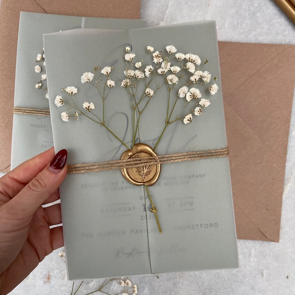 Sage Green  and Gold Gypsophila Floral Invitation