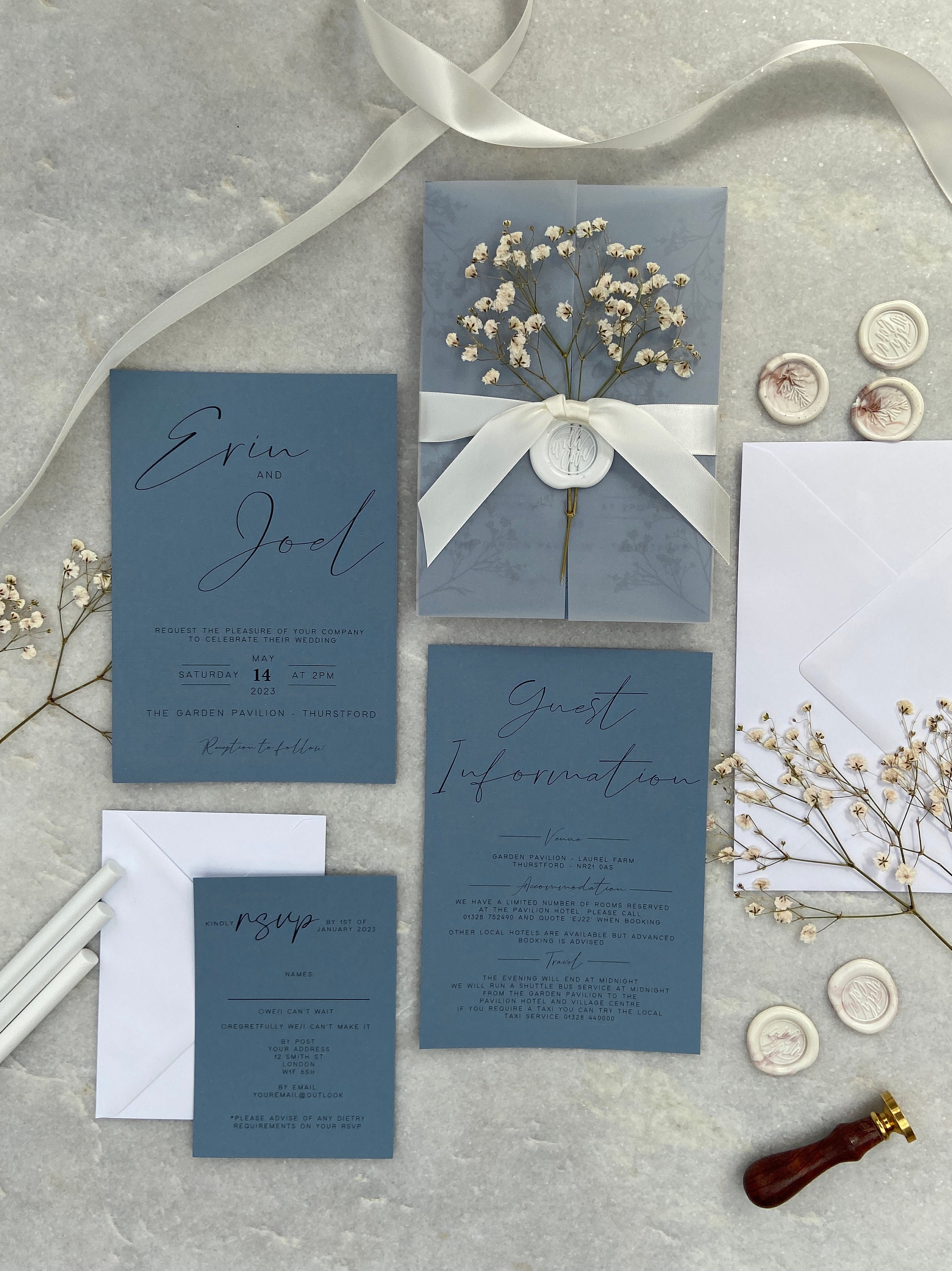 Dusty Blue Wedding Invitations With Gypsophila - Etsy