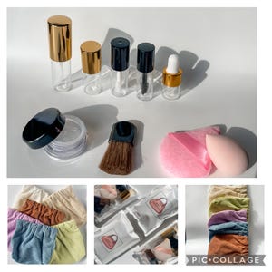 Pode incluir: Uma coleção de produtos e acessórios de beleza, incluindo frascos de vidro transparente com tampas douradas e pretas, um recipiente para pó, um pincel de maquiagem, uma almofada rosa e uma esponja de maquiagem. Também são mostrados vários pares de shorts plissados ​​coloridos e itens de maquiagem embalados.