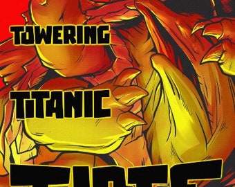 May include: A graphic illustration of four large, yellow and red, cartoon turtles with the words "Towering Titanic Turtles" in black text.