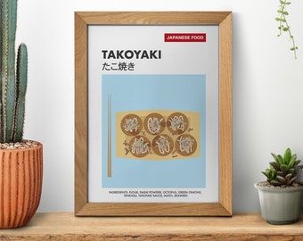 Printable Japanese Food Art, Minimalist Takoyaki Poster, Japan Wall Art, Living Room Home Decor, Octopus Ball Poster