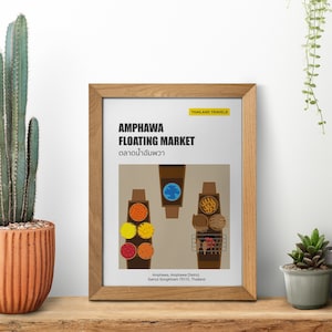 Impressão artística do mercado flutuante tailandês: pôster de viagem minimalista (download digital)