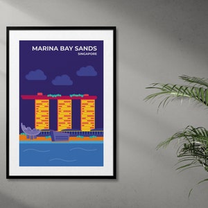 May include: A colorful illustration of the Marina Bay Sands hotel in Singapore. The hotel is depicted as three towers with a large, rectangular pool on top. The towers are yellow and orange with red accents. The pool is blue and the sky is dark blue with white clouds.