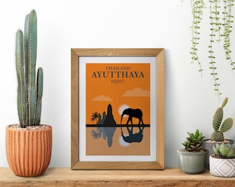 Retro Ayutthaya Kunstdruck: Thailand Elefanten Silhouette (Digitaler Download)
