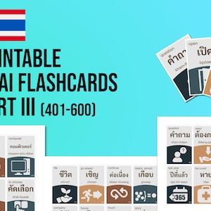 Thaise gemeenschappelijke woorden deel III, 401-600 Flash Cards, Thais leren met Flashcards, Thailand Homeschool Printables, Instant Download