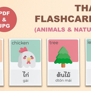 Carte mémoire imprimable en trois parties thaïlandaise, ensemble d'animaux et de nature, carte mémoire de 40 mots thaïlandais sur les animaux et la nature, numérique