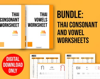 May include: A digital download bundle of Thai consonant and vowel worksheets. The worksheets feature a colorful index with Thai characters, example words, and page numbers. The image also includes a digital download only label.