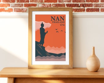 Retro Thailand Kunstdruck: Nan Reise Poster, Silhouette Buddha (Digitaler Download)