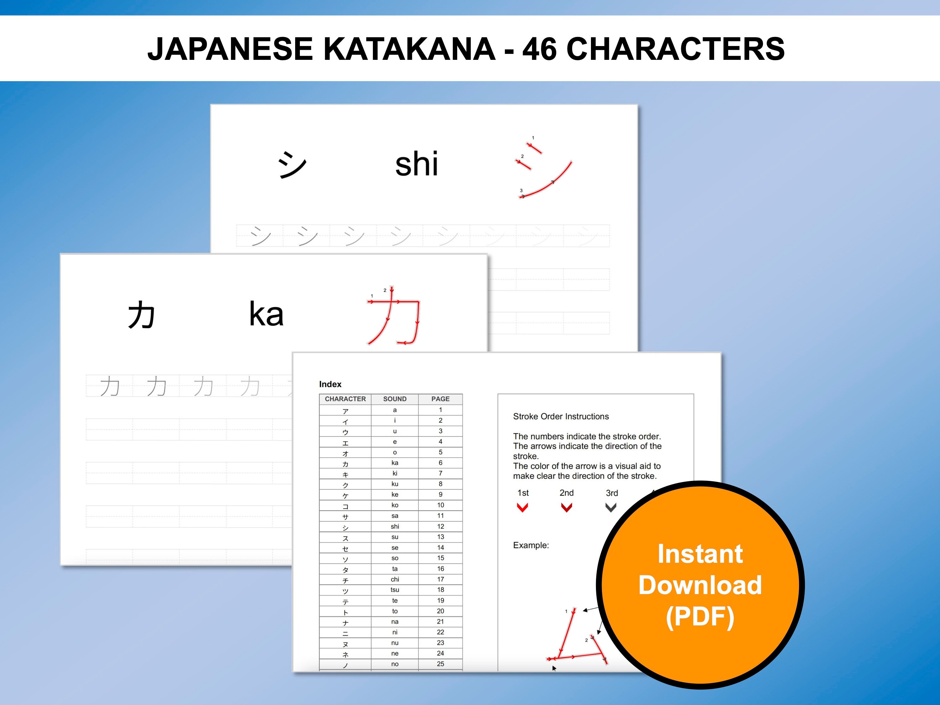 japanese katakana 46 characters practice worksheets etsy