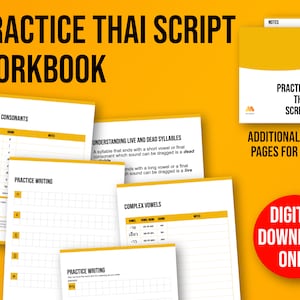 Może przedstawiać: Cyfrowy podręcznik do pobrania, który pomoże Ci ćwiczyć pisanie w języku tajskim. Podręcznik zawiera sekcje dotyczące spółgłosek środkowych, złożonych samogłosek oraz zrozumienia żywych i martwych sylab. Zawiera również strony do ćwiczenia pisania i puste strony do notatek.