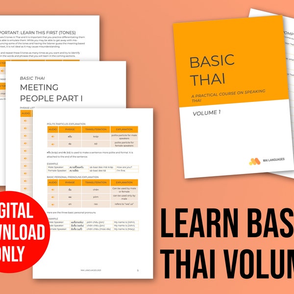 Basis Thais deel 1, Thaise zinnen leren, Taalcursus Thailand, Leren spreken, Taalstudent, Downloadbare PDF