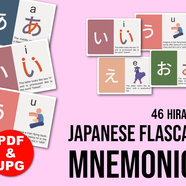 Digitale Japanische Flashcards Hiragana Mnemonics, zum Ausdrucken für zu Hause, Japanische Schrift lernen, Sofort Download