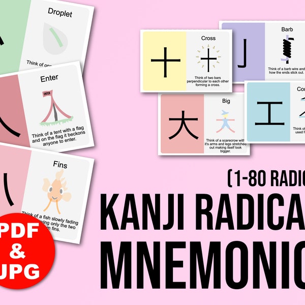 Japanese Kanji Radicals Flashcards Mnemonics Part I, Learn Kanji, Memorise Radicals, Remember Japanese, Download Only