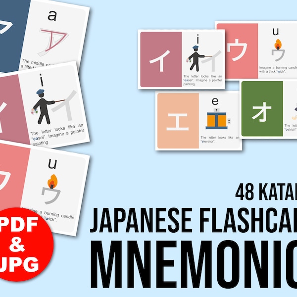 Digital Japanese Flashcards Katakana Mnemonics, Remembering Katakana, Homeschool Printable, Learn Japanese Script