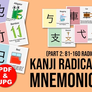 May include: A set of colorful flashcards with illustrations and kanji characters. The flashcards are labeled "Kanji Radicals Mnemonics" and "Part 2: 81-160 Radicals".