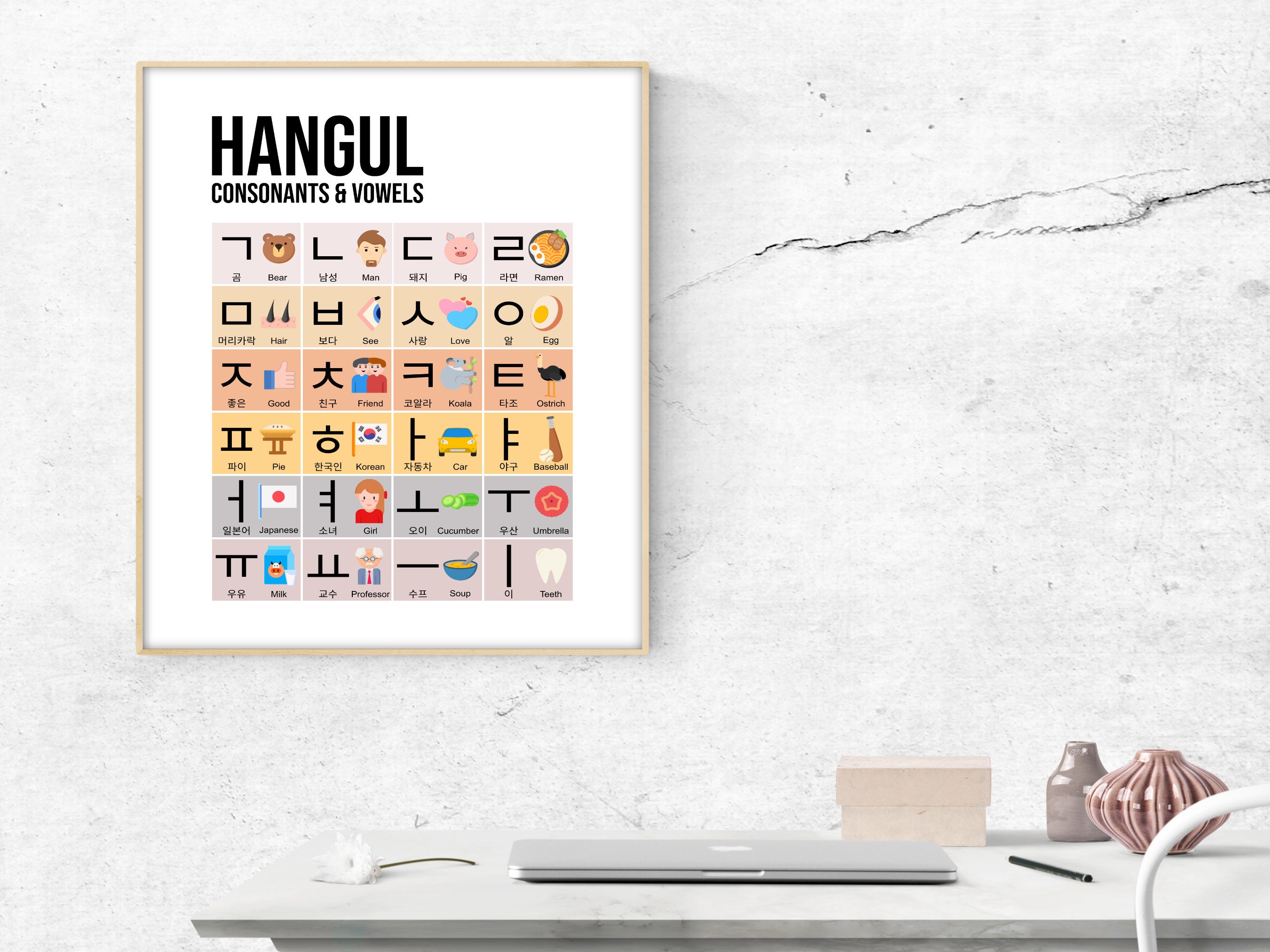 Printable Korean Hangul Flat Design Art Print, Hangul Consonants Vowels ...