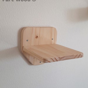 Peut inclure: Une étagère en bois pour chats, montée sur un mur blanc. L'étagère est en bois naturel et a un bord arrondi. L'étagère est fixée au mur avec des vis.