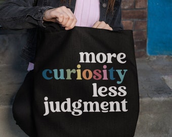 More Curiosity Less Judgment Tote Bag - Retro Rainbow Quote Tote Bag with Black Handles - Everyday Be Curious Quote Beach Bag