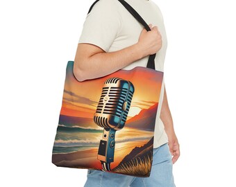 Sac fourre-tout pour podcast rétro - Sac pour micros de podcast - Cadeaux pour podcaster - Sac de plage Golden Hours Sunset pour podcasters Art scénique avec vieux microphone