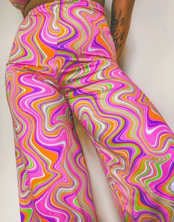 Wide leg trousers Lycra Retro 70s swirly psychedelic festival outfit  colourful rainbow y2k groovy rave clothes hippie flared pants edc
