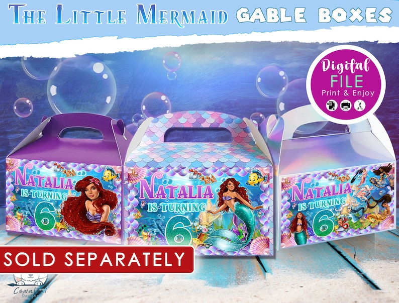 May include: Three gable boxes with a mermaid theme. Each box features a different mermaid illustration, the name "Natalia", and the number "6". The boxes are purple, blue, and iridescent, with the text "The Little Mermaid Gable Boxes" at the top.