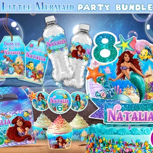 Little Mermaid Digital Kids Birthday Party Bundle Kit, Cake topper, Digital Invitation, Gable box labels,  Cupcake Toppers, Ariel, DIGITAL