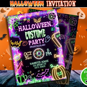 Neon Halloween Party uitnodiging sjabloon, Halloween Party uit te nodigen, Spooky Party gloed uit te nodigen, volwassenen kinderen Halloween uit te nodigen, kostuums Halloween