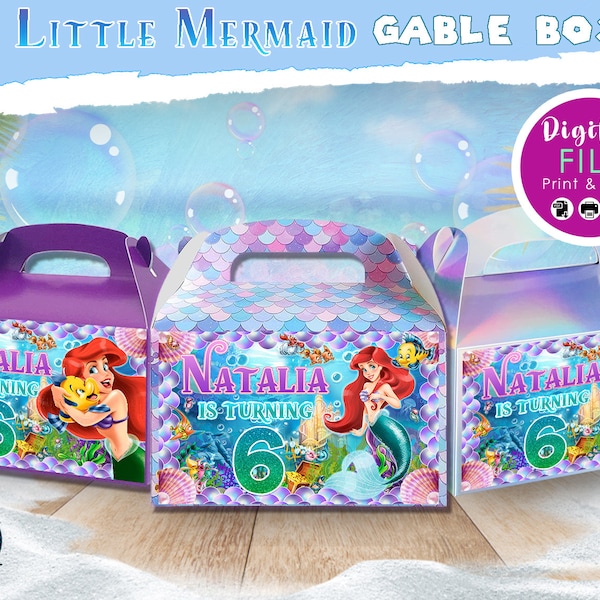 Little Mermaid, Gable box labels, Printable templates, kids Birthday treat box labels, kids Editable party favors, box labels, DIGITAL
