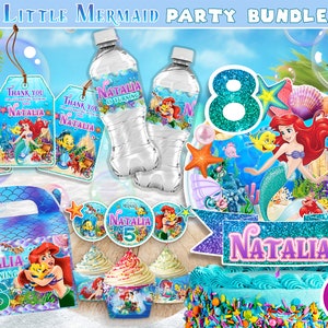 Kit numérique fête d'anniversaire pour enfants petite sirène, décoration de gâteau, invitation numérique, étiquettes de boîte à pignon, décorations de cupcakes, Ariel, NUMÉRIQUE