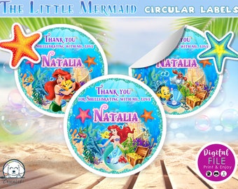 Little Mermaid Birthday Party Favor Stickers, Ariel Thank You Tags (Digital)