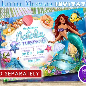May include: A digital invitation featuring a mermaid illustration with red hair and a teal tail. The invitation includes the text "The Little Mermaid Invitation" and details for a birthday party, including the name "Natalia" and the date and time.