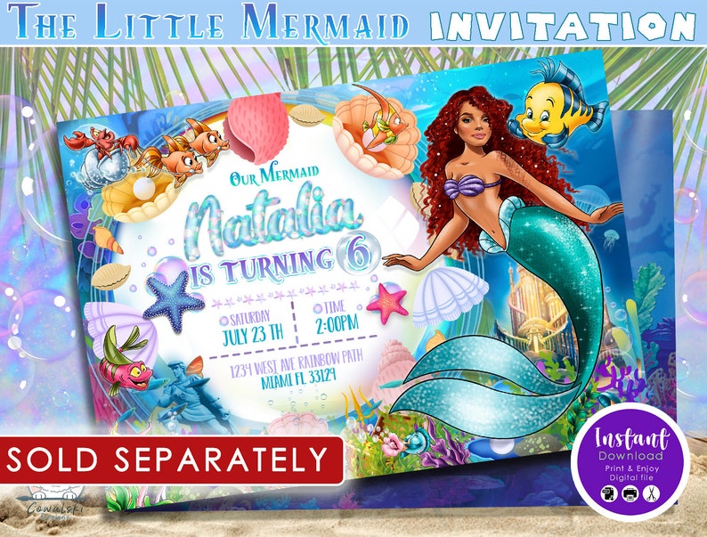 May include: A digital invitation featuring a mermaid illustration with red hair and a teal tail. The invitation includes the text "The Little Mermaid Invitation" and details for a birthday party, including the name "Natalia" and the date and time.