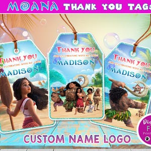 Etiquetas de lembranças Moana, etiquetas de agradecimento Moana, notas de agradecimento Moana, festa de aniversário Moana, arquivo digital