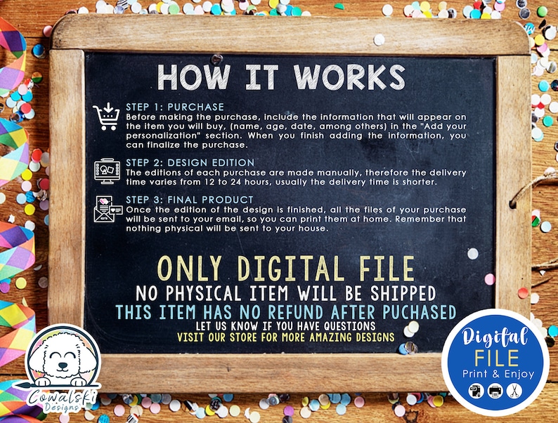 May include: A chalkboard sign with the text "HOW IT WORKS" and instructions for purchasing a digital file. The sign includes a logo and the words "ONLY DIGITAL FILE" and "NO PHYSICAL ITEM WILL BE SHIPPED".