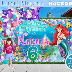 Little Mermaid Personalized Birthday Backdrop, Little Mermaid Birthday Banner, Personalized Banner,  Customized Banner, Download, DIGITAL