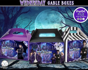 Wednesday gable box labels, Printable templates, kids Birthday treat box labels, kids Editable party favors, box labels, DIGITAL