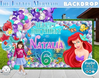 Little Mermaid Personalized Birthday Backdrop, Little Mermaid Birthday Banner, Personalized Banner,  Customized Banner, Download, DIGITAL