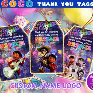 May include: Coco-themed thank you tags featuring the name "Natalia" and the text "Thank you for celebrating my 8th birthday with me." Each tag has a unique Coco character illustration and a brown string for hanging.