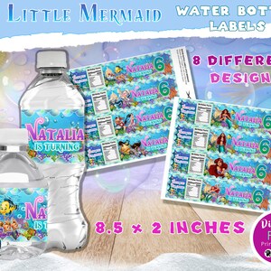 May include: Water bottle labels featuring "The Little Mermaid" theme. The labels are designed for a birthday celebration and include the text "Natalia is Turning" and the number "6". The labels measure 8.5 x 2 inches and come in 8 different designs.