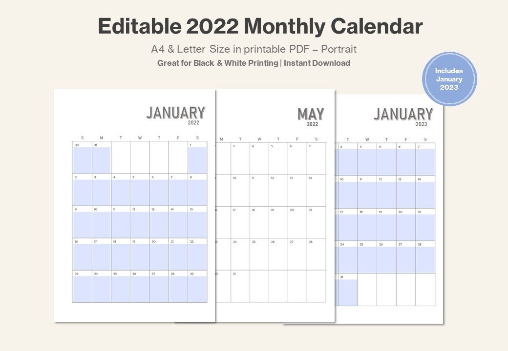 2022 2023 Editable Calendar Printable Monthly Perpetual Etsy