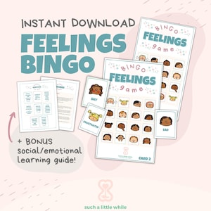 Juego de bingo de sentimientos para niños / Tarjetas de emociones en formato PDF IMPRIMIBLES / Juego de sentimientos de salud mental / Aprendizaje socioemocional / Asesoramiento escolar