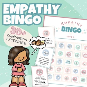 Bingo de empatía en formato PDF imprimible para niños / Actividades, ejercicios y tarjetas de juego de empatía para escuela primaria y secundaria / Preguntas del juego de la amabilidad
