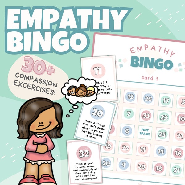 Bingo de empatía PDF imprimible para niños / Actividades, ejercicios y tarjetas de juego de empatía para la escuela primaria y secundaria / Preguntas sobre juegos de bondad