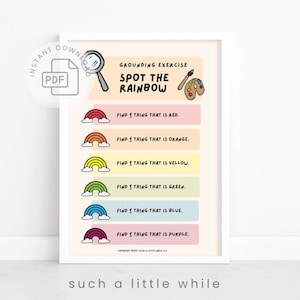 May include: A printable grounding exercise worksheet with a magnifying glass and paintbrush. The worksheet instructs the user to find one thing of each colour of the rainbow: red, orange, yellow, green, blue, and purple.