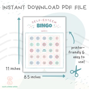May include: Printable self-esteem bingo card with a pastel blue and pink colour scheme. The card is 8.5 inches by 11 inches and features numbers 1 through 32 in circles.