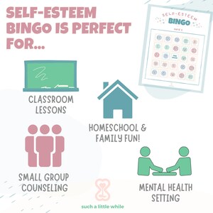 May include: A colourful graphic with the text "Self-Esteem Bingo is Perfect For..." and illustrations of a classroom, a house, a group of people, two people shaking hands, and an hourglass. The graphic also includes a bingo card with numbers and the text "Self-Esteem Bingo".