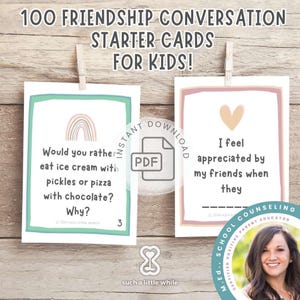 100 tarjetas para iniciar conversaciones sobre la amistad para niños / Tarjetas imprimibles de habilidades sociales y preguntas para romper el hielo sobre la amistad para debatir