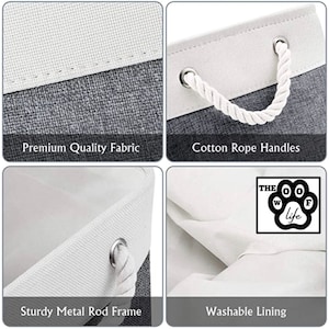May include: A grey and white canvas storage bin with cotton rope handles. The bin has a sturdy metal rod frame and a washable lining. The bin is labelled "The Woof Life".