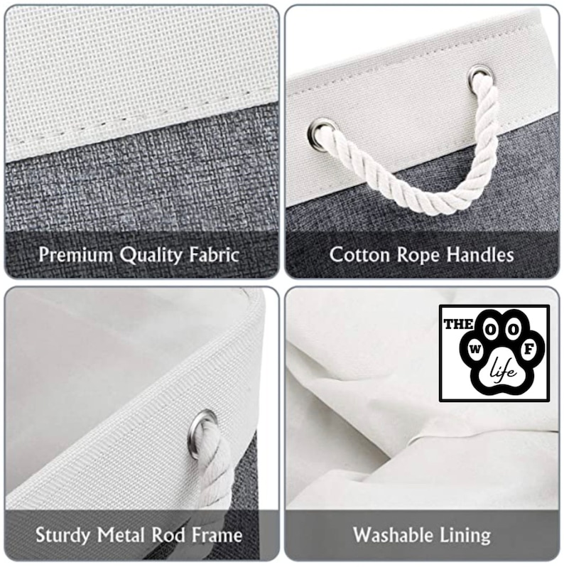 May include: A grey and white canvas storage bin with cotton rope handles. The bin has a sturdy metal rod frame and a washable lining. The bin is labelled "The Woof Life".