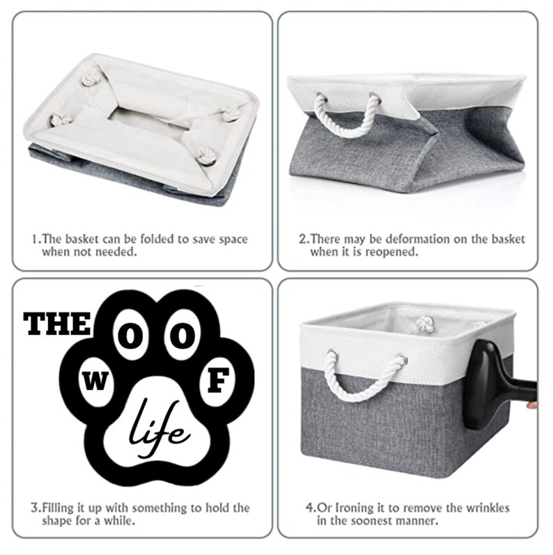 May include: A grey and white fabric storage bin with rope handles. The bin is folded flat in one image, then shown upright in three other images. The bin is labelled "THE WOOF LIFE" in black text on a white paw print.